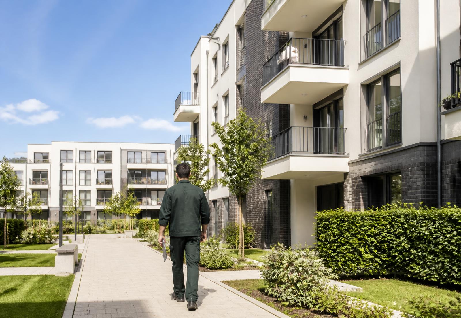 Gepflegte moderne Wohnanlage, ein Mitarbeiter geht mit Klemmbrett über den sauberen Zugangsweg